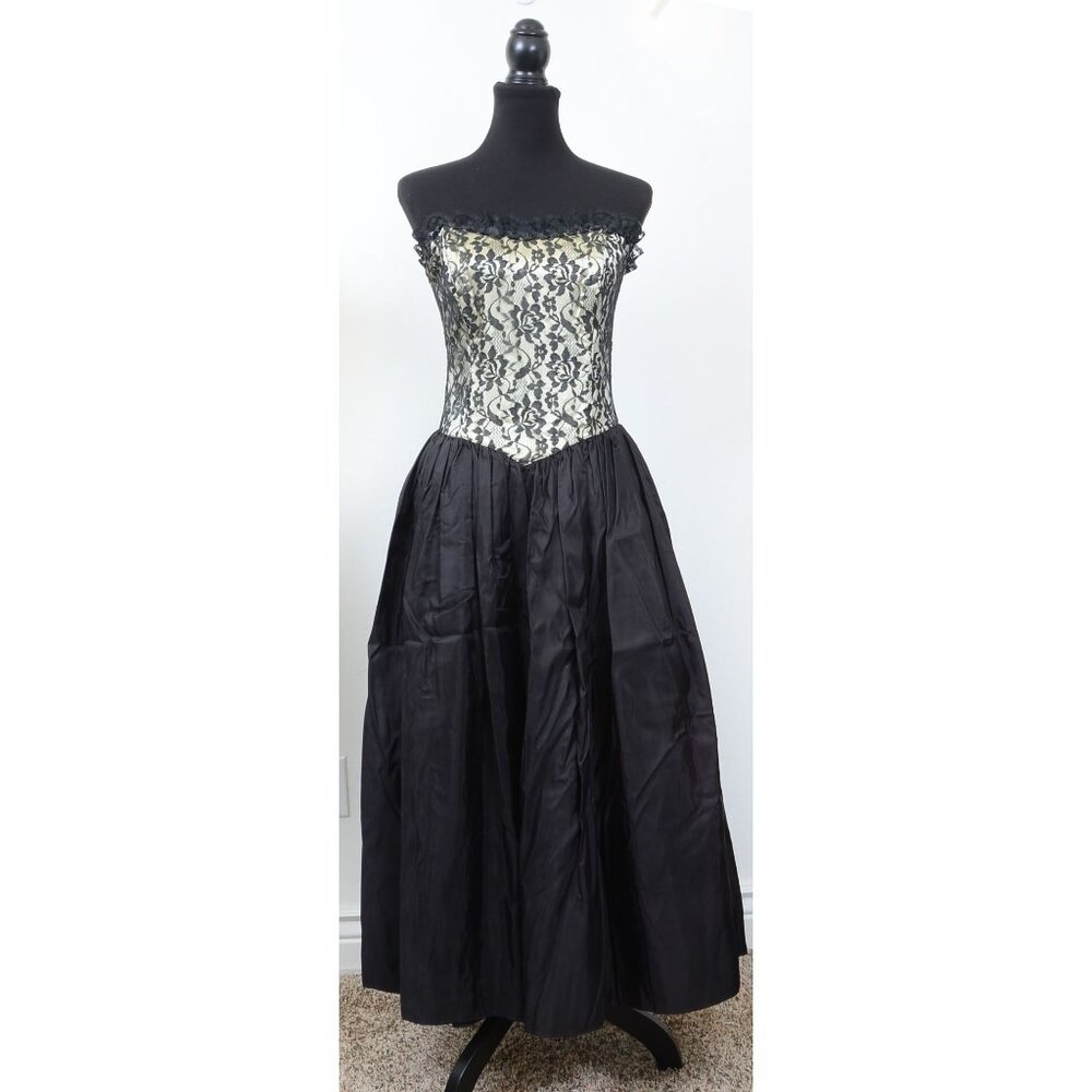 Vintage 90s Gunne Sax Black Lace Taffeta Cocktail Party Formal Prom Dress Size 9